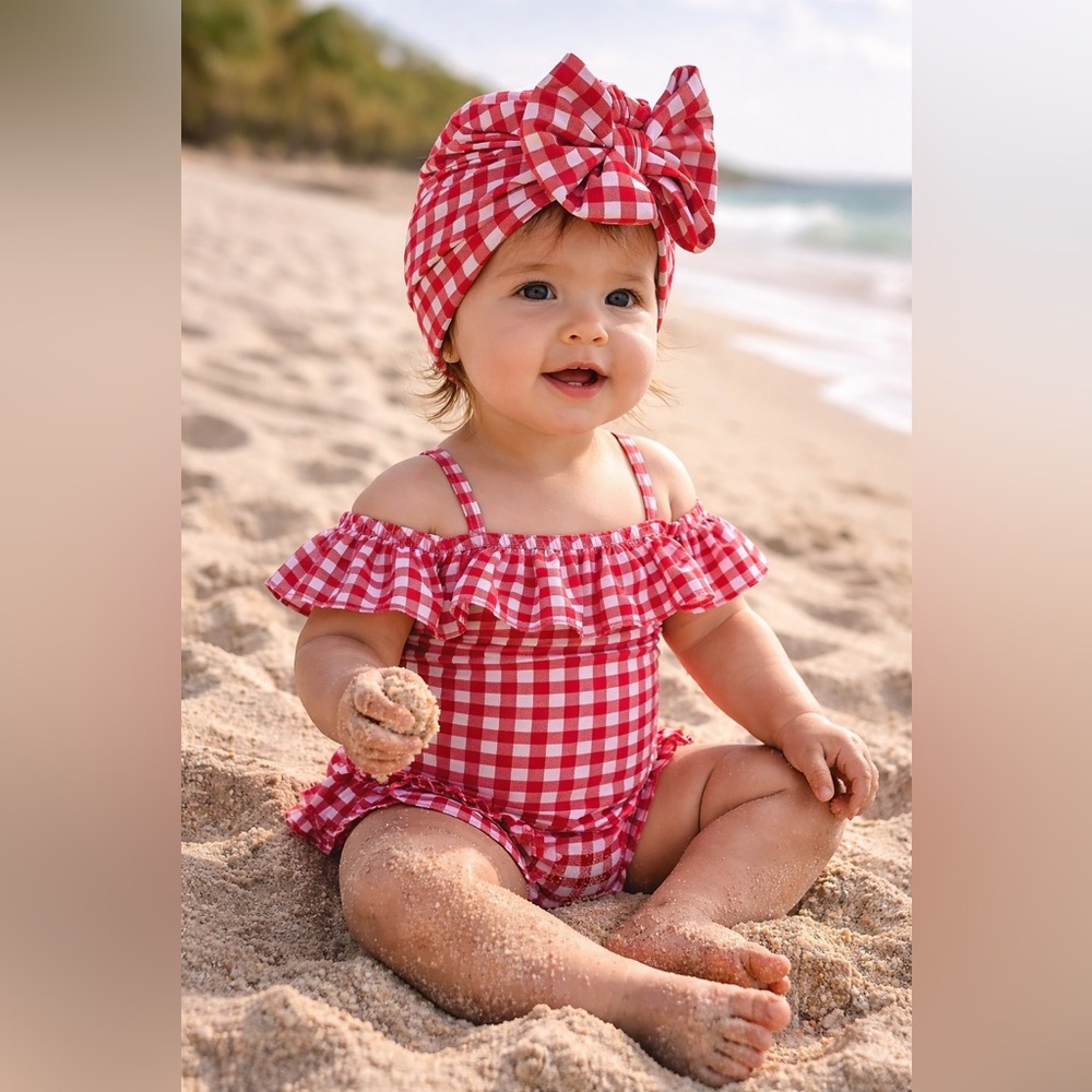 Red Gingham Baby Swim cap with Bow, waterproof swim turban hat, baby girl swim